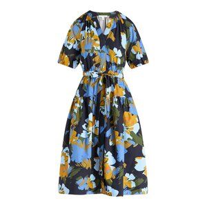 Free Assembly Blue Floral Belted Cotton Midi V-Neck Puff Sleeves Dress Various